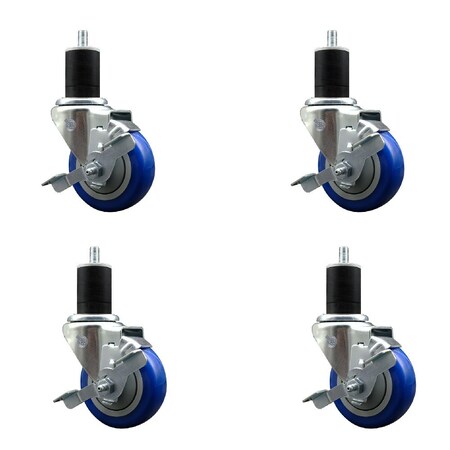 Service Caster 3.5'' Blue Poly Swivel 1-3/4'' Expanding Stem Caster Set with Brake, 4PK SCC-EX20S3514-PPUB-BLUE-TLB-134-4